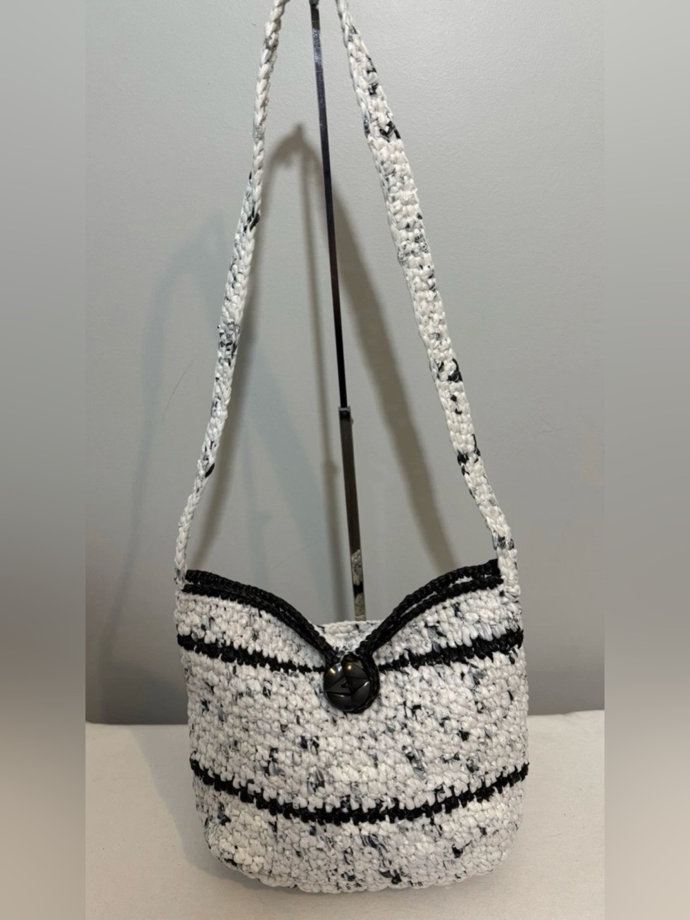 Crochet Hobo Bag Black White Stripe Boho Knit Shoulder Purse